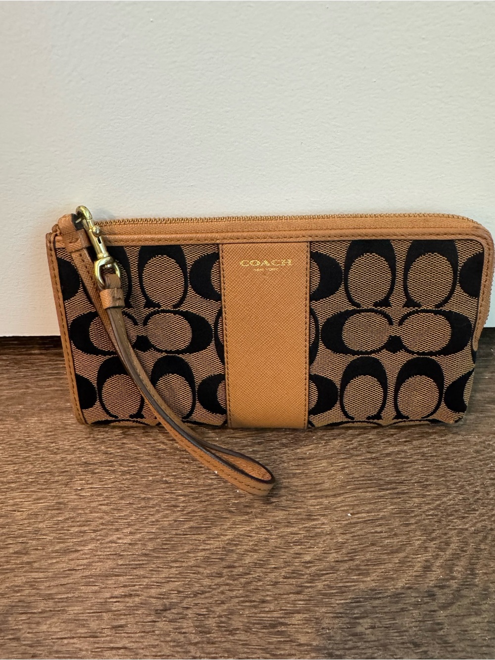 Coach Whiskey Signature Print Wristlet